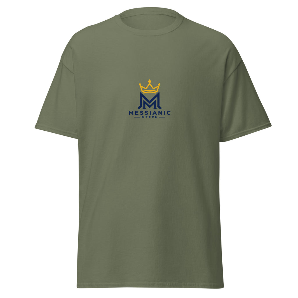 Military Green | Front view of the Yeshua Chainbreaker faith T-shirt with Messianic Merch chest logo.