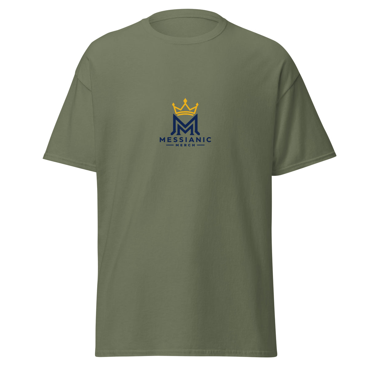 Military Green | Front view of the Yeshua Chainbreaker faith T-shirt with Messianic Merch chest logo.