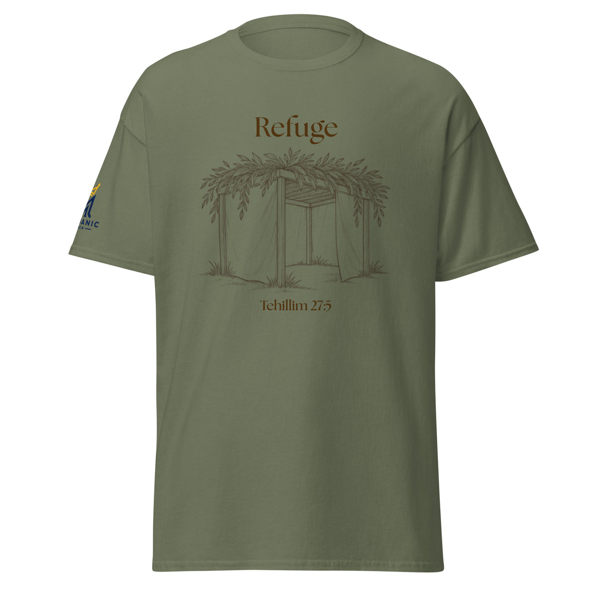 Military Green | Front of Refuge Sukkot shirt design with hand-drawn sukkah and Tehillim 27:5