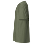 Military Green | Left side profile of the Yeshua Chainbreaker faith T-shirt highlighting the left sleeve.