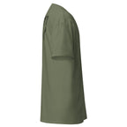 Military Green | Right side profile of the Yeshua Chainbreaker faith T-shirt highlighting the right sleeve.
