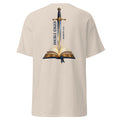 Natural | Back view of the Double-Edged Sword faith T-shirt featuring a sword rising from an open Bible with Hebrews 4:12.
