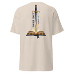 Natural | Back view of the Double-Edged Sword faith T-shirt featuring a sword rising from an open Bible with Hebrews 4:12.