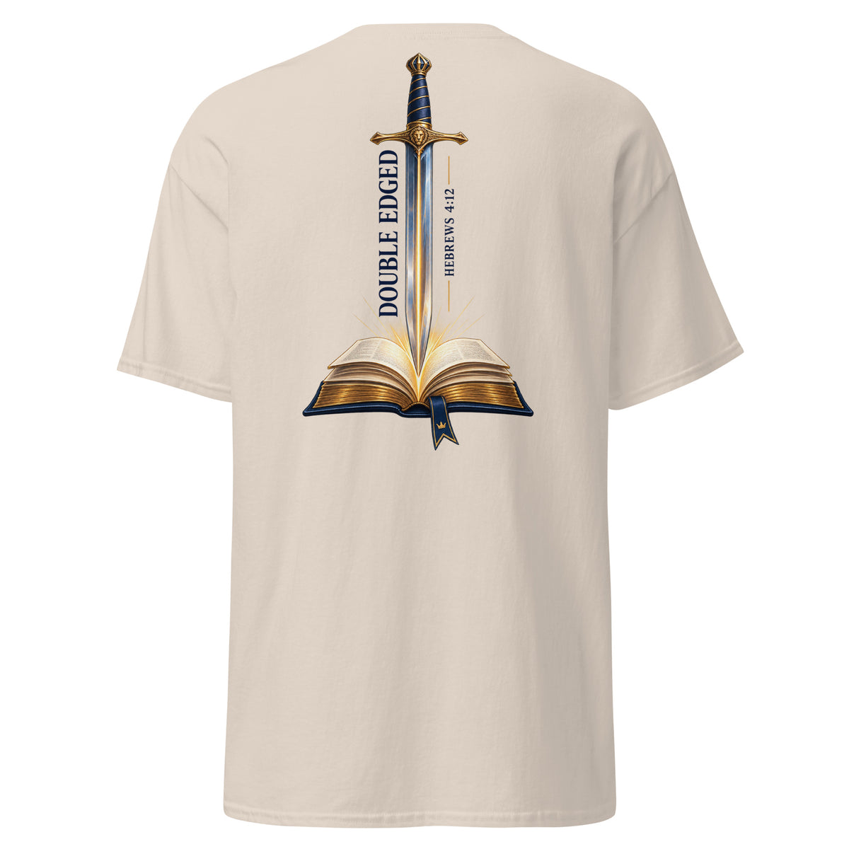 Natural | Back view of the Double-Edged Sword faith T-shirt featuring a sword rising from an open Bible with Hebrews 4:12.