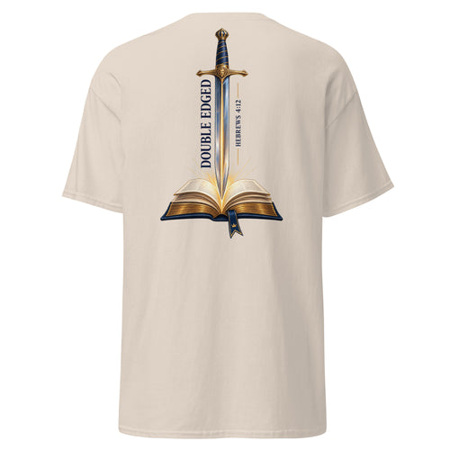 Natural | Back view of the Double-Edged Sword faith T-shirt featuring a sword rising from an open Bible with Hebrews 4:12.