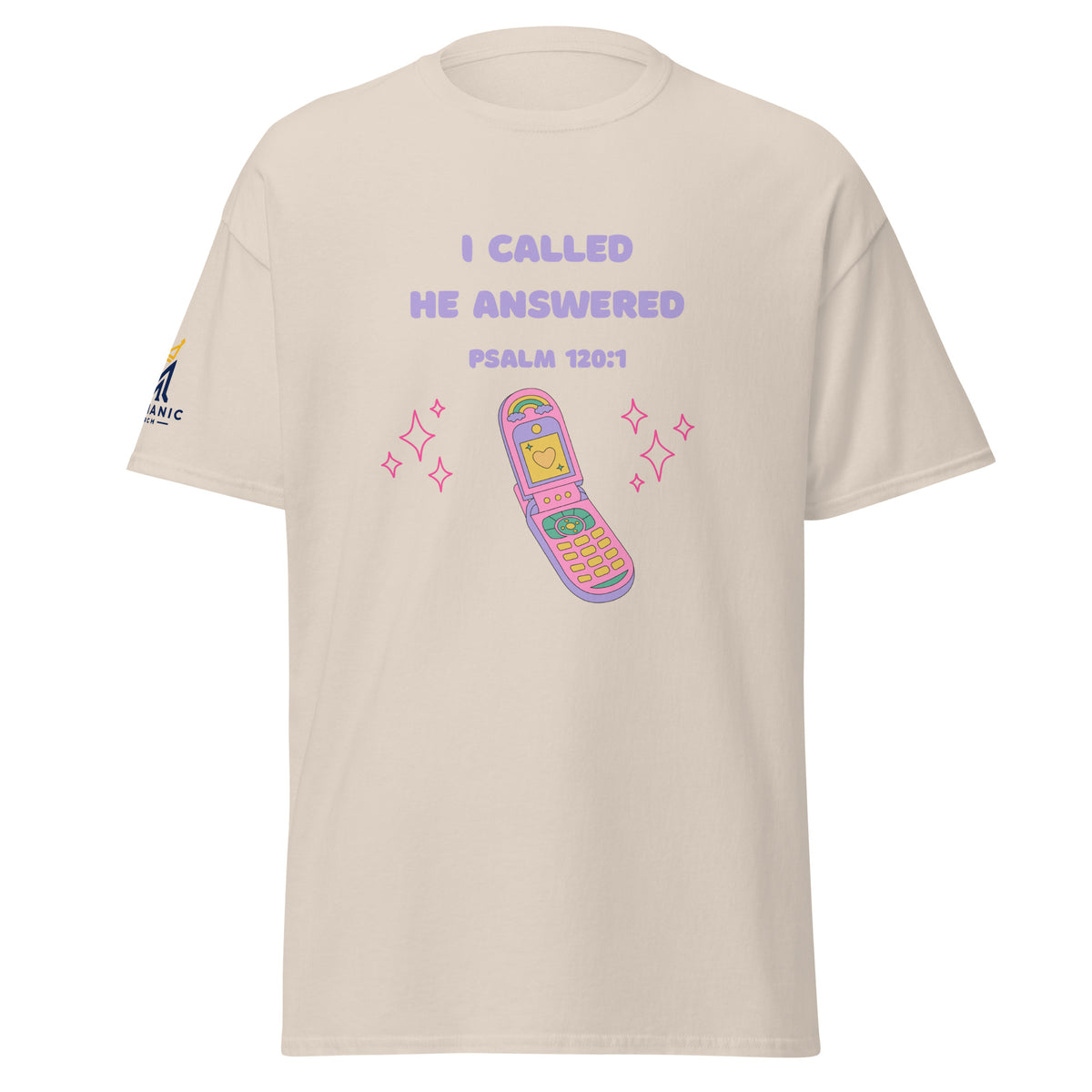 Natural | Front view of the women's Psalm 120:1 faith T-shirt featuring “I Called, He Answered,” a colorful Y2K flip phone graphic, and Messianic Merch sleeve logo.