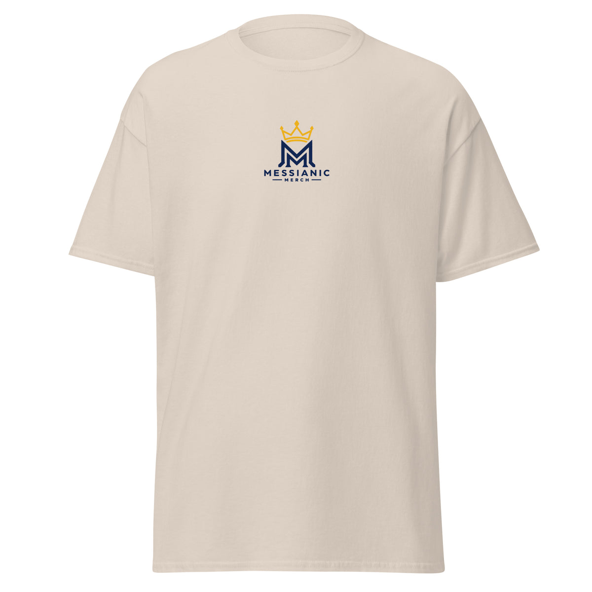 Natural | Front view of the Double-Edged Sword faith T-shirt featuring a Messianic Merch chest logo.
