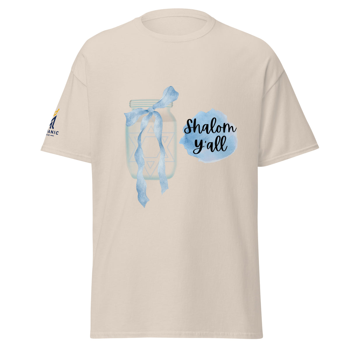 Natural | Front view of the Shalom Y'all women's T-shirt featuring a mason jar with Star of David, blue watercolor bow and accents, and Messianic Merch sleeve logo.