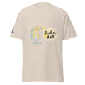 Natural | Front view of the Shalom Y'all women's T-shirt featuring a mason jar with Star of David, yellow watercolor bow and accents, and Messianic Merch sleeve logo.