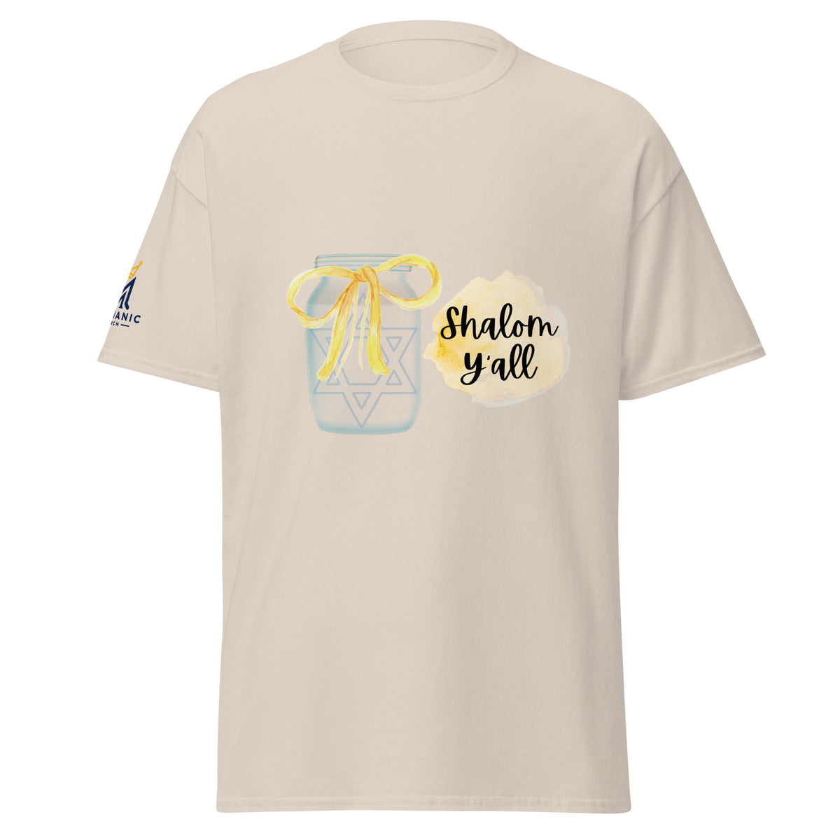 Natural | Front view of the Shalom Y'all women's T-shirt featuring a mason jar with Star of David, yellow watercolor bow and accents, and Messianic Merch sleeve logo.