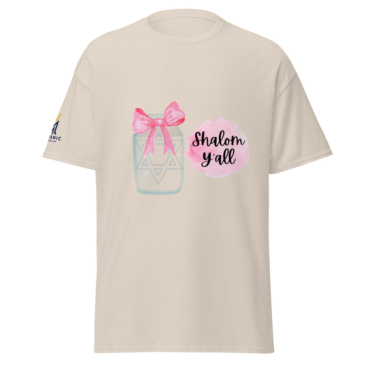 Natural | Front view of the Shalom Y'all women's T-shirt featuring a mason jar with Star of David, pink watercolor bow and accents, and Messianic Merch sleeve logo.