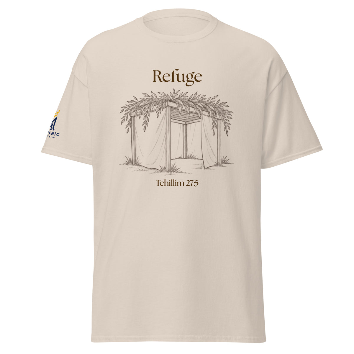 Natural | Front of Refuge Sukkot shirt design with hand-drawn sukkah and Tehillim 27:5