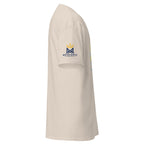Natural | Right close up of the Shalom Y'all women's T-shirt sleeve and Messianic Merch logo.