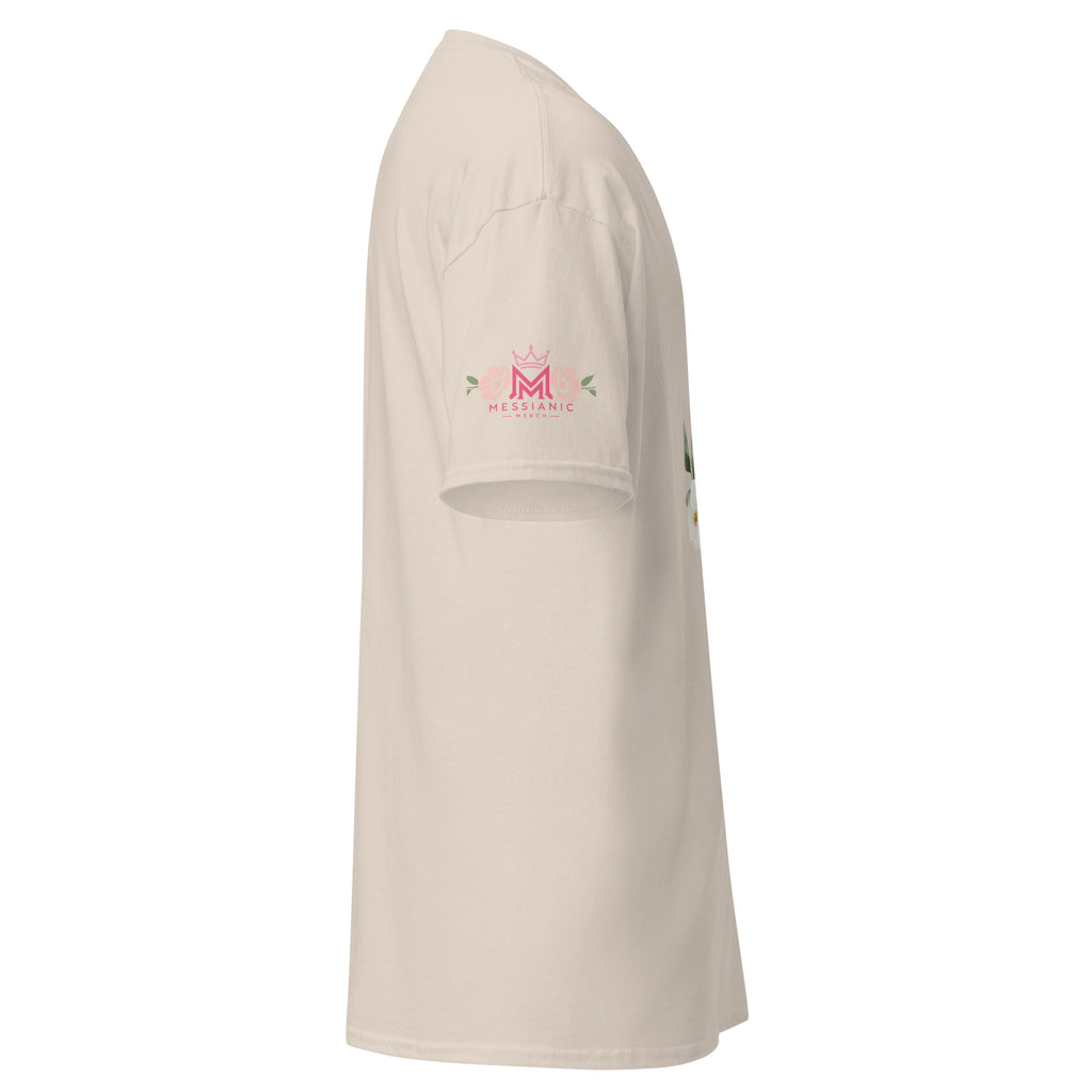 Natural | Right view of Women’s Shana Tova Rosh Hashanah shirt featuring right sleeve with floral Messianic Merch logo