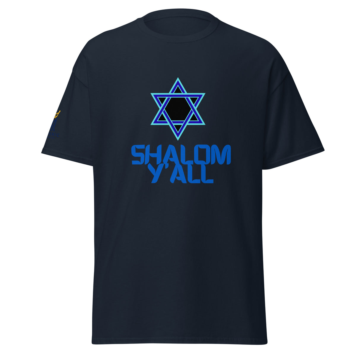 Navy | Front view of men’s Shalom Y’all T-shirt featuring a blue Star of David graphic, bold blue lettering, and Messianic Merch logo printed on the sleeve.
