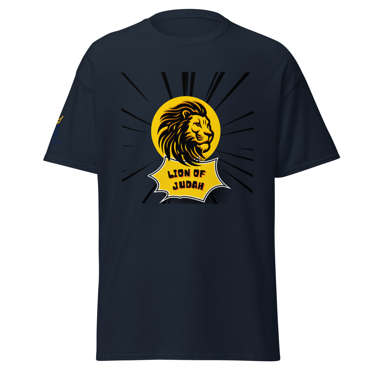Navy | Front view of the men's Lion of Judah faith T-shirt featuring a bold gold and black lion graphic with radiating lines and Messianic Merch sleeve logo.