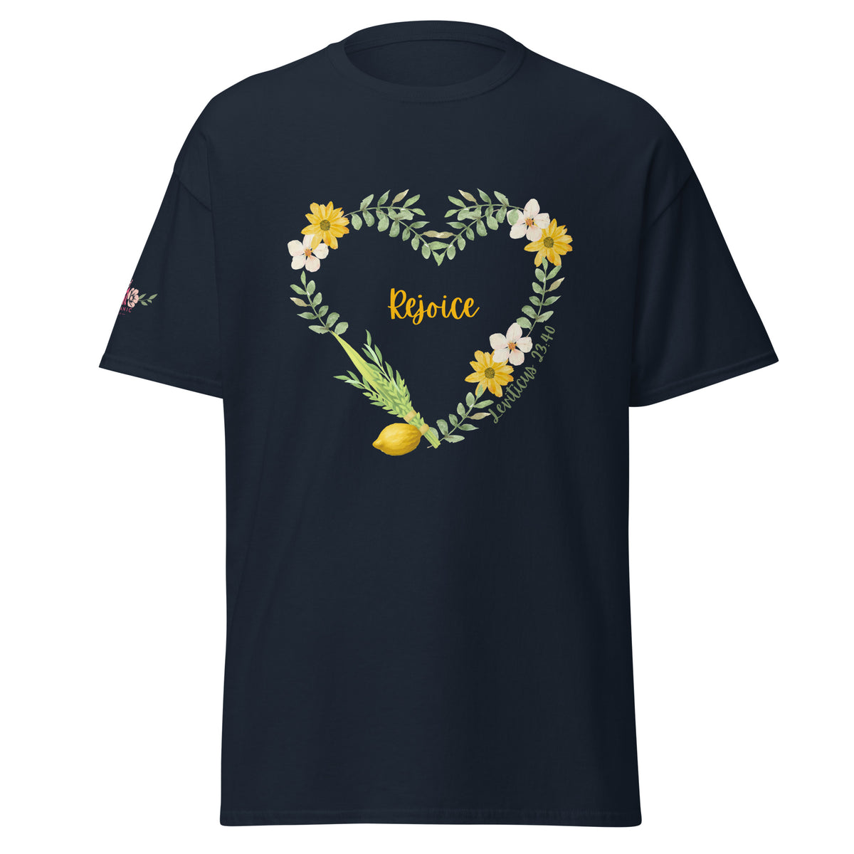 Navy | Front of Women’s Rejoice Sukkot Shirt Leviticus 23:40 featuring watercolor floral heart, lulav and etrog, the word Rejoice and Leviticus 23:40