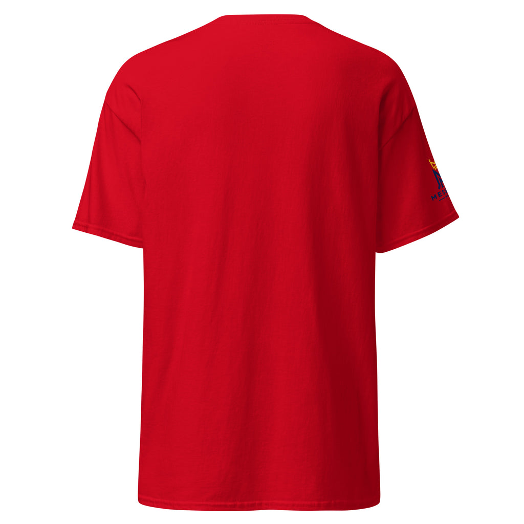 Red | Back view of the men's Lion of Judah faith T-shirt featuring Messianic Merch sleeve logo and a  blank background.