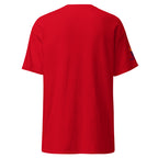 Red | Back view of the men's Lion of Judah faith T-shirt featuring Messianic Merch sleeve logo and a  blank background.