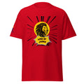 Red | Front view of the men's Lion of Judah faith T-shirt featuring a bold gold and black lion graphic with radiating lines and Messianic Merch sleeve logo.