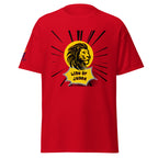 Red | Front view of the men's Lion of Judah faith T-shirt featuring a bold gold and black lion graphic with radiating lines and Messianic Merch sleeve logo.