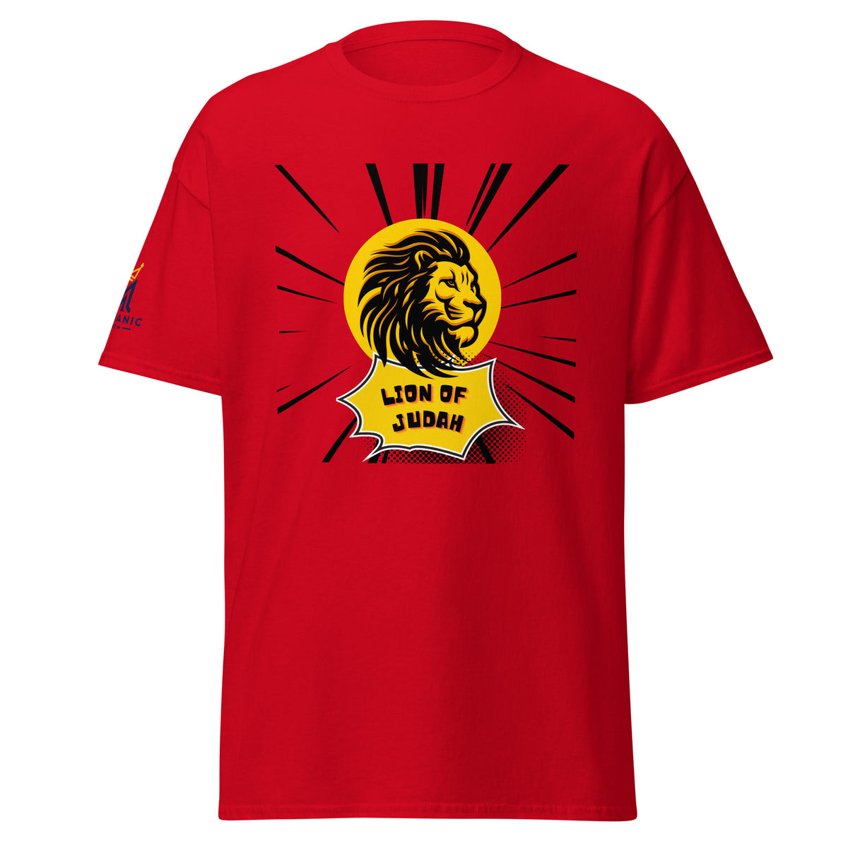 Red | Front view of the men's Lion of Judah faith T-shirt featuring a bold gold and black lion graphic with radiating lines and Messianic Merch sleeve logo.