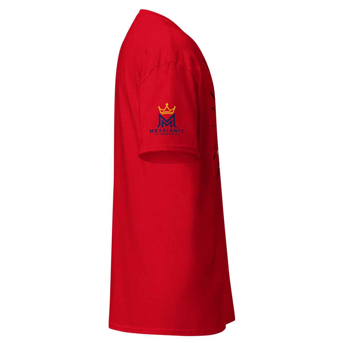 Red | Right close up of the men's Lion of Judah faith T-shirt sleeve and Messianic Merch logo.
