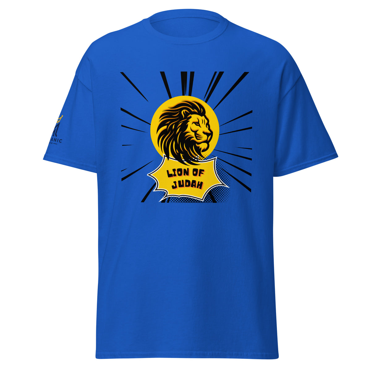 Royal | Front view of the men's Lion of Judah faith T-shirt featuring a bold gold and black lion graphic with radiating lines and Messianic Merch sleeve logo.