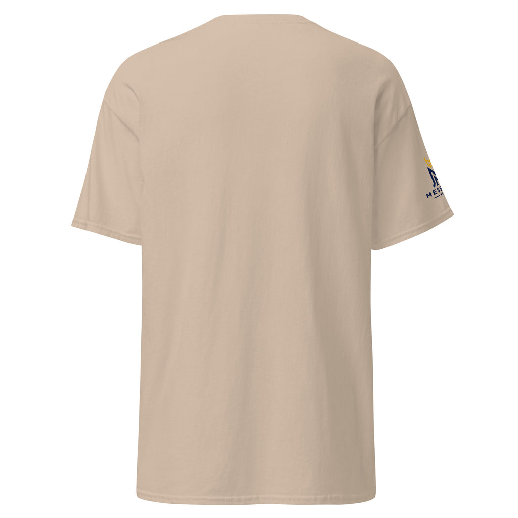 Sand | Back view of the Shalom Y'all unisex T-shirt featuring Messianic Merch sleeve logo and a blank back.