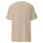 Sand | Back view of the Shalom Y'all unisex T-shirt featuring Messianic Merch sleeve logo and a blank back.