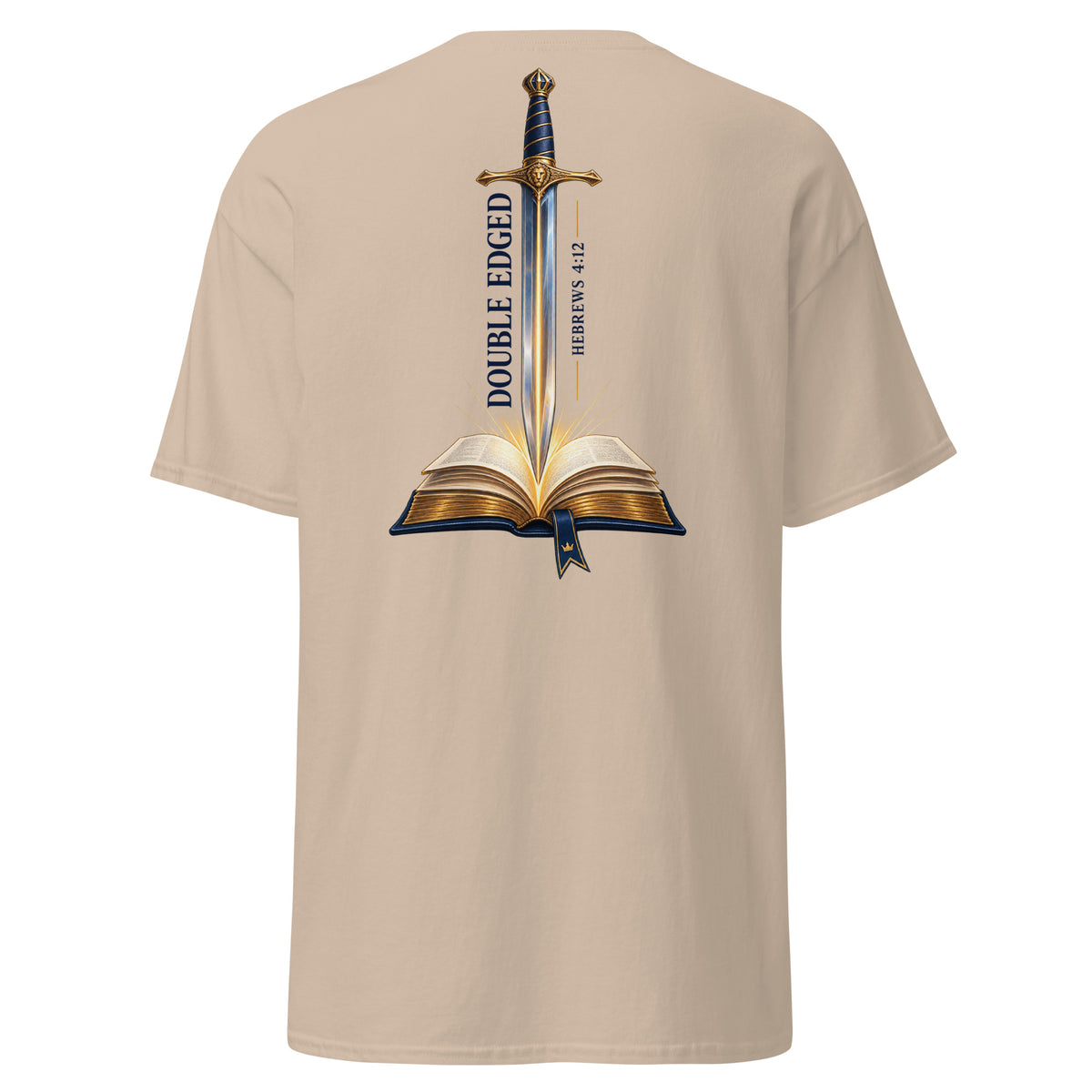 Sand | Back view of the Double-Edged Sword faith T-shirt featuring a sword rising from an open Bible with Hebrews 4:12.