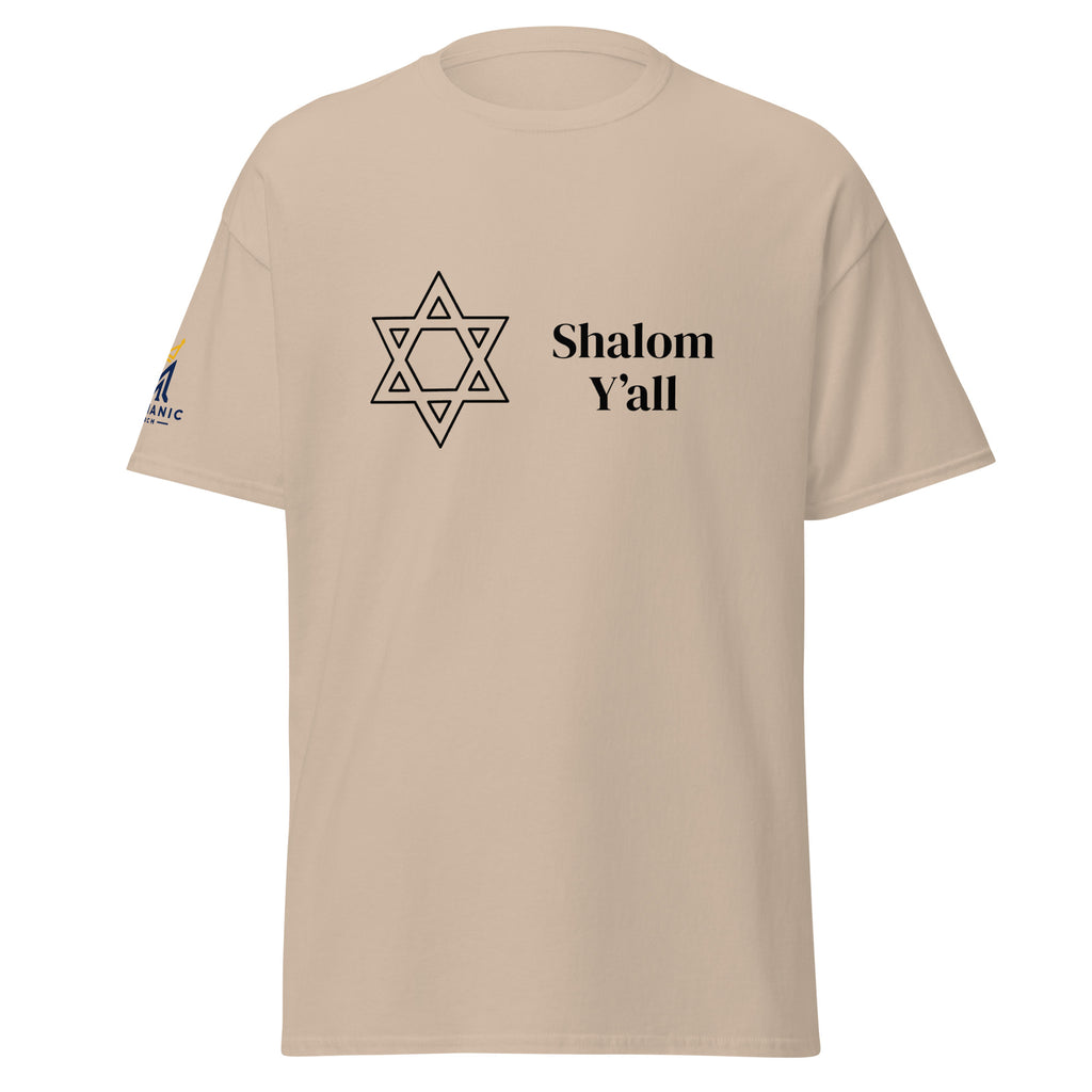 Sand | Front view of Shalom Y'all unisex T-shirt featuring a Star of David graphic and Messianic Merch logo printed on the sleeve.