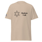 Sand | Front view of Shalom Y'all unisex T-shirt featuring a Star of David graphic and Messianic Merch logo printed on the sleeve.