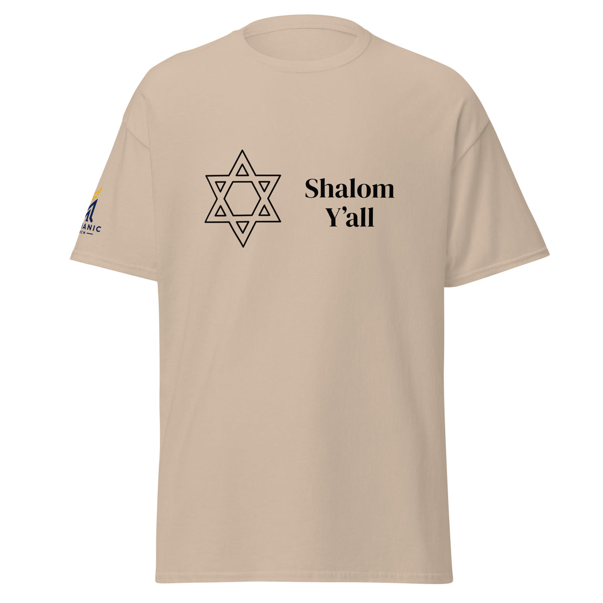 Sand | Front view of Shalom Y'all unisex T-shirt featuring a Star of David graphic and Messianic Merch logo printed on the sleeve.