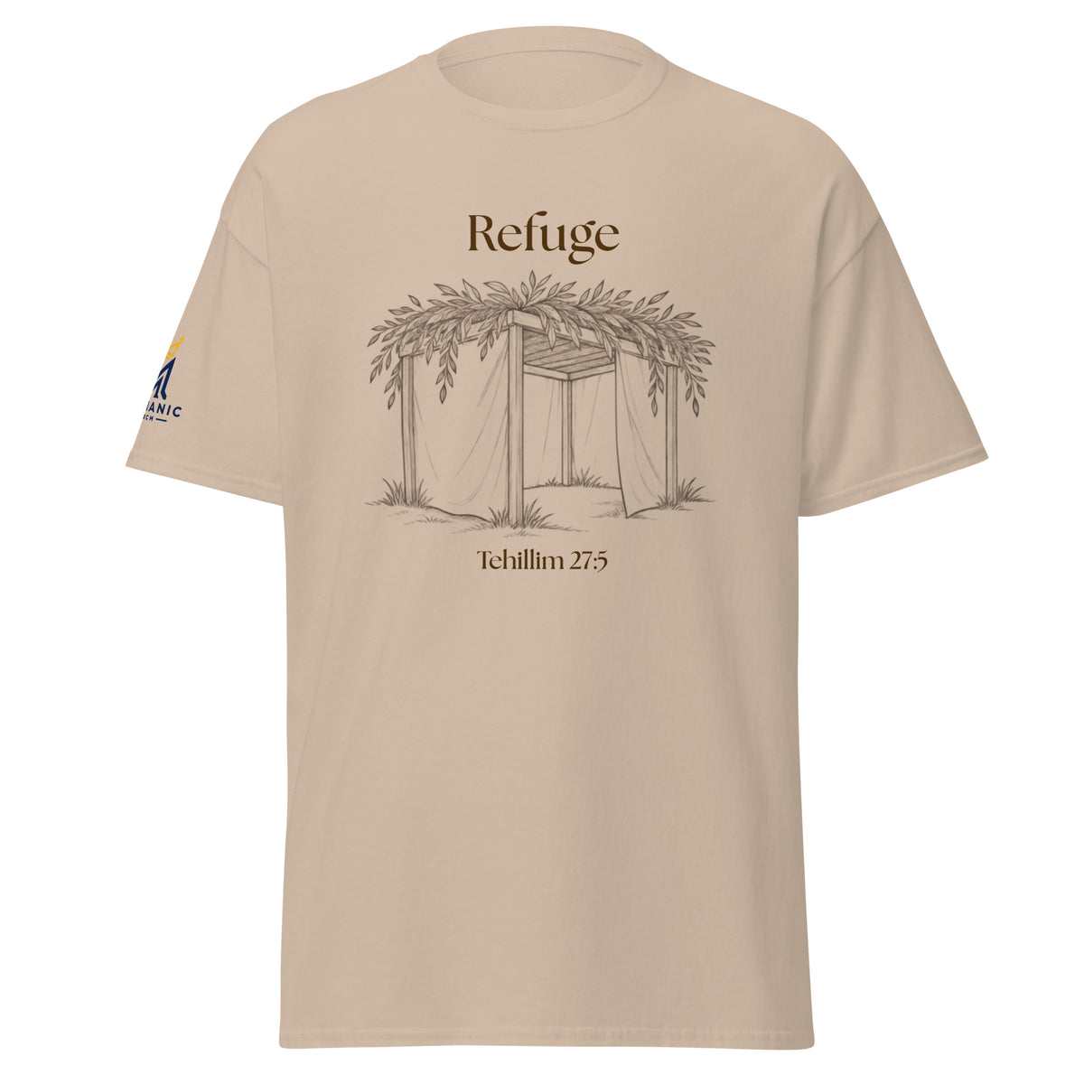 Sand | Front of Refuge Sukkot shirt design with hand-drawn sukkah and Tehillim 27:5