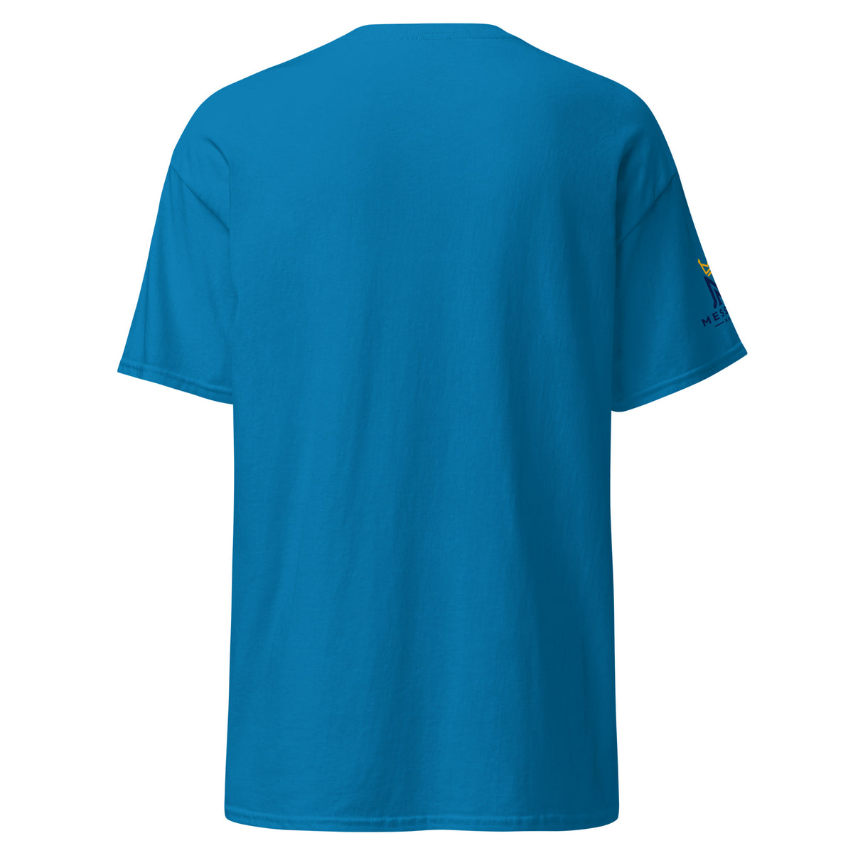 Sapphire | Front view of the Men's Ruach Hebrew faith T-shirt featuring a white dove, flowing flame-like design, Hebrew word רוח, and Messianic Merch sleeve logo.