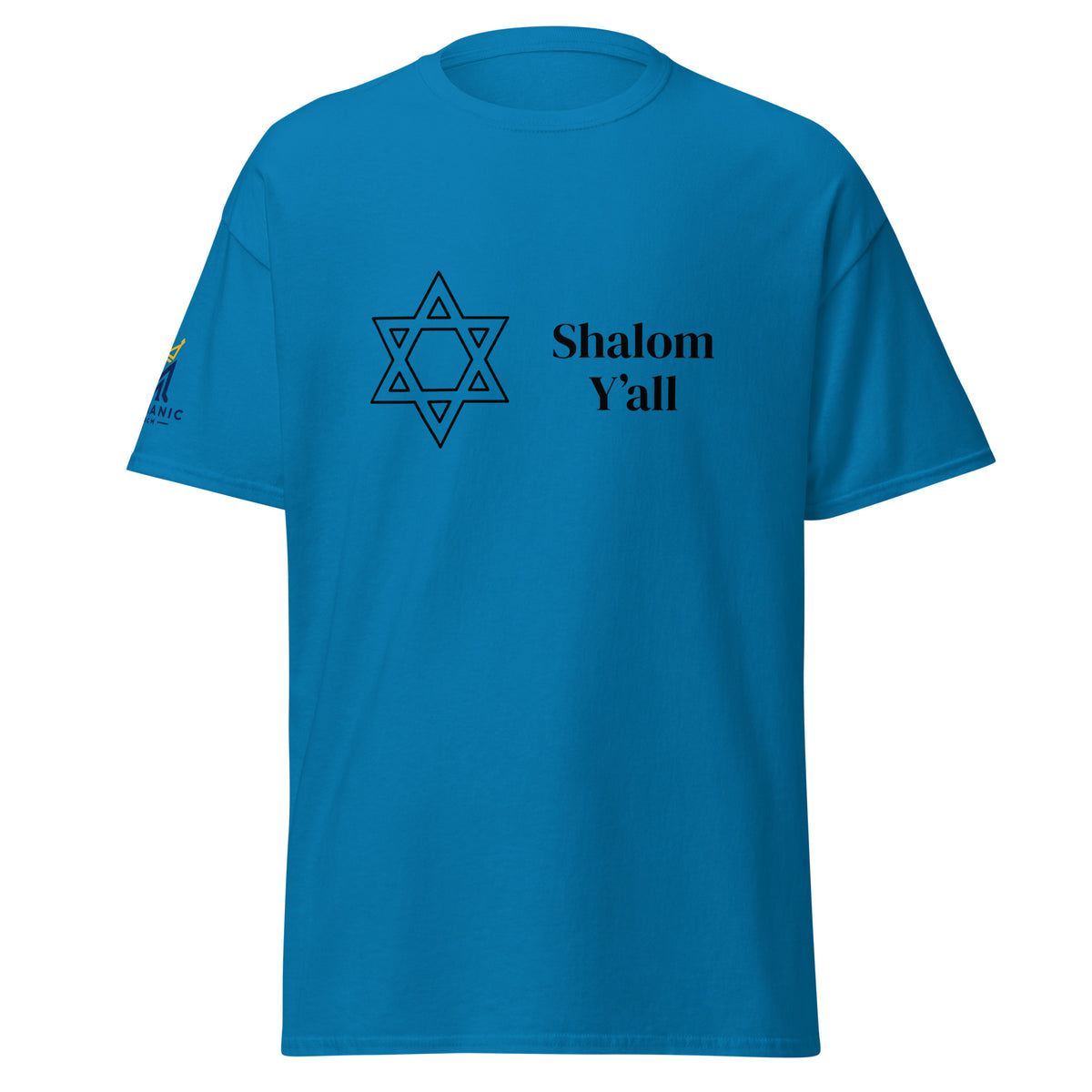 Sapphire | Front view of Shalom Y'all unisex T-shirt featuring a Star of David graphic and Messianic Merch logo printed on the sleeve.