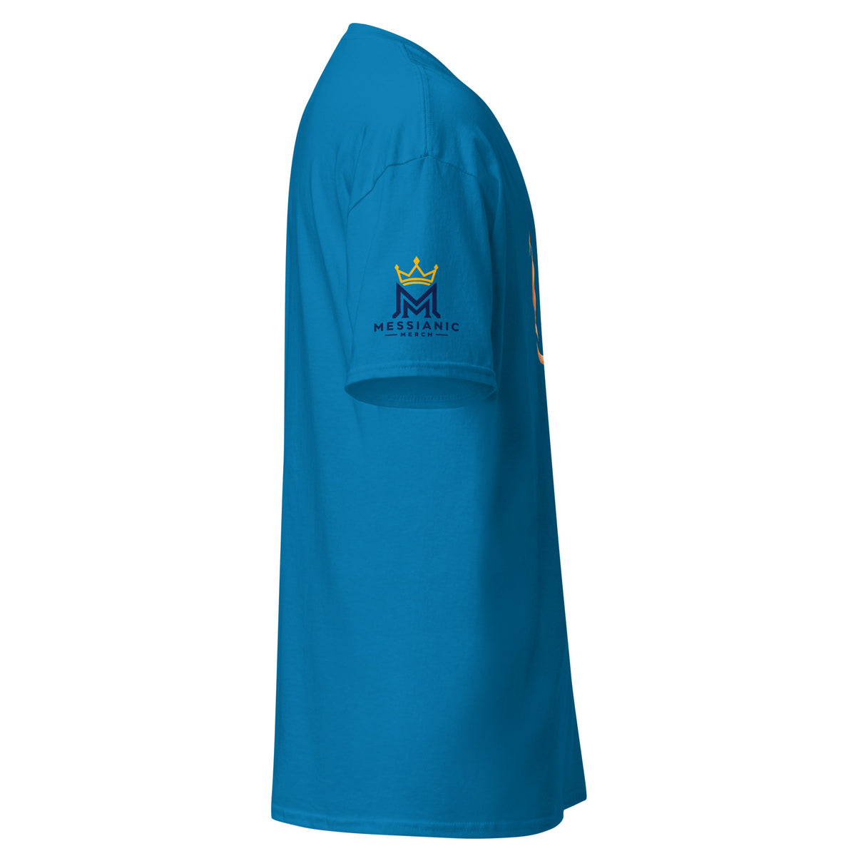 Sapphire | Back view of the Men's Ruach Hebrew faith T-shirt the featuring Messianic Merch sleeve logo blank back.