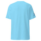 Sky | Back view of the women's Psalm 120:1 faith T-shirt featuring Messianic Merch sleeve logo and a blank background.