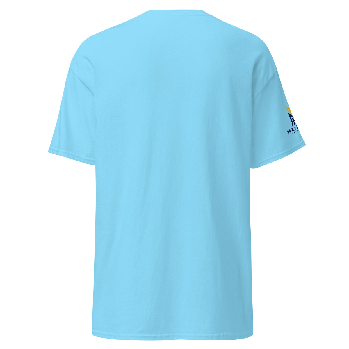 Sky | Back view of the women's Psalm 120:1 faith T-shirt featuring Messianic Merch sleeve logo and a blank background.