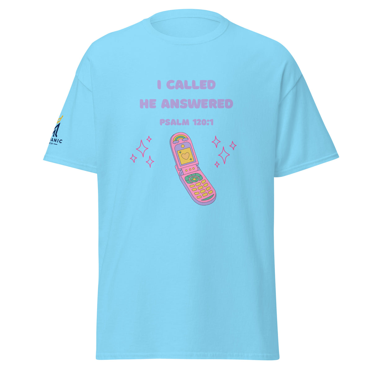 Sky | Front view of the women's Psalm 120:1 faith T-shirt featuring “I Called, He Answered,” a colorful Y2K flip phone graphic, and Messianic Merch sleeve logo.