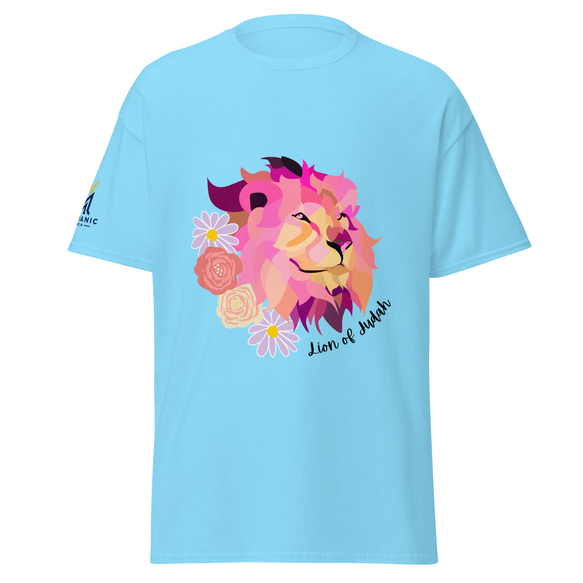 Sky | Front view of the Lion of Judah women's faith T-shirt featuring a colorful pink and purple lion surrounded by flowers with a Messianic Merch sleeve logo.