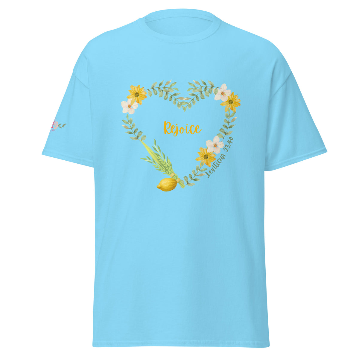 Sky | Front of Women’s Rejoice Sukkot Shirt Leviticus 23:40 featuring watercolor floral heart, lulav and etrog, the word Rejoice and Leviticus 23:40