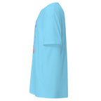 Sky | Left side profile of the women's Psalm 120:1 faith T-shirt highlighting the left sleeve.