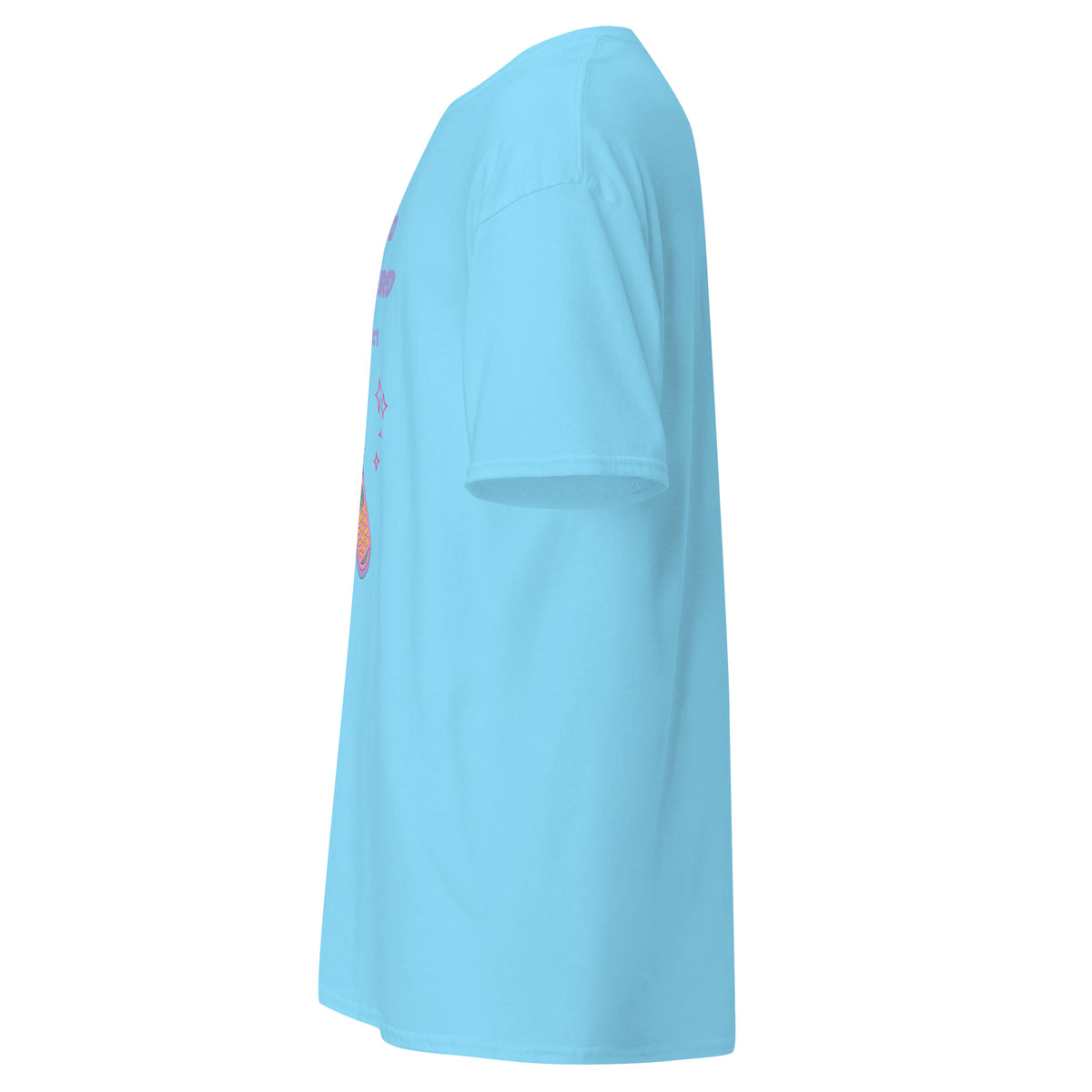 Sky | Left side profile of the women's Psalm 120:1 faith T-shirt highlighting the left sleeve.