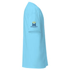 Sky | Right close up of women's Psalm 120:1 faith T-shirt sleeve and Messianic Merch logo.