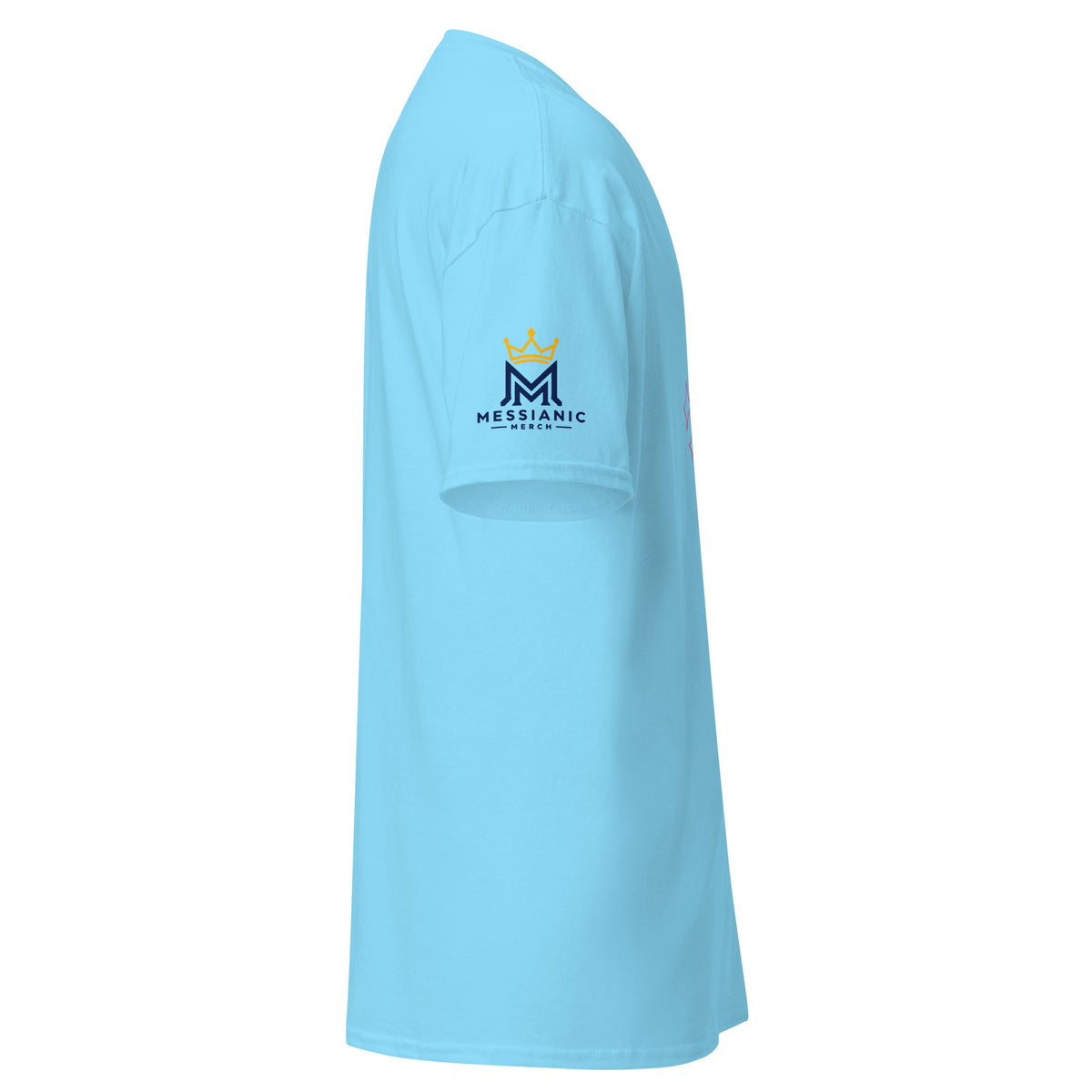 Sky | Right close up of women's Psalm 120:1 faith T-shirt sleeve and Messianic Merch logo.