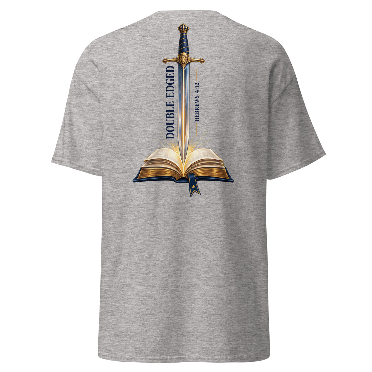 Sport Grey | Back view of the Double-Edged Sword faith T-shirt featuring a sword rising from an open Bible with Hebrews 4:12.