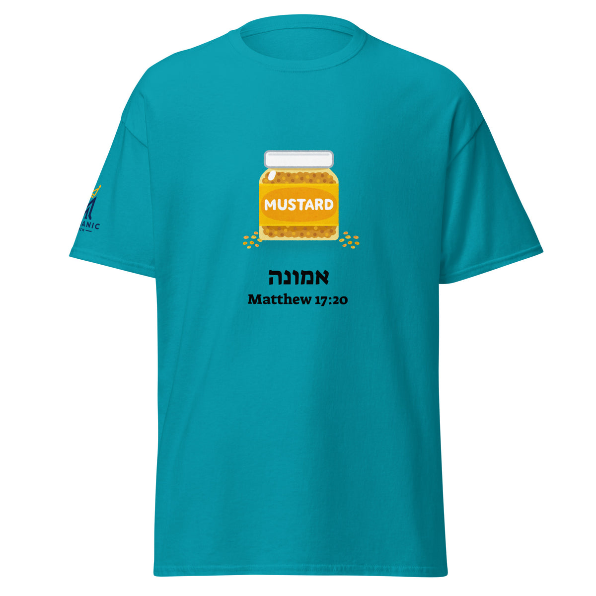 Tropical Blue | Front view of the Emunah Hebrew faith T-shirt featuring a mustard jar, אמונה meaning faith, Matthew 17:20, and Messianic Merch right sleeve logo.