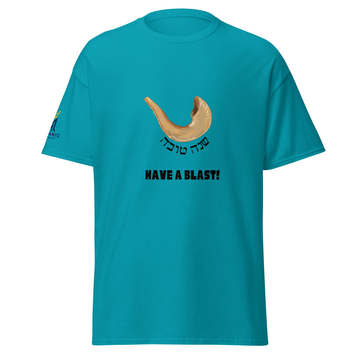 Tropical Blue | Have a Blast Rosh Hashanah Shofar Shirt featuring shirt design with Shana Tova in Hebrew and Have a Blast text